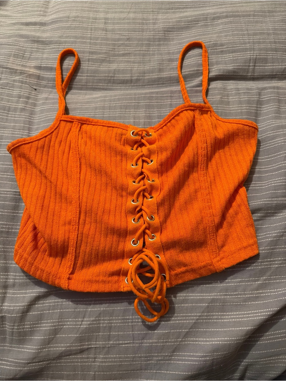 SHEIN Bright Orange Lace-Up Ribbed Crop Top